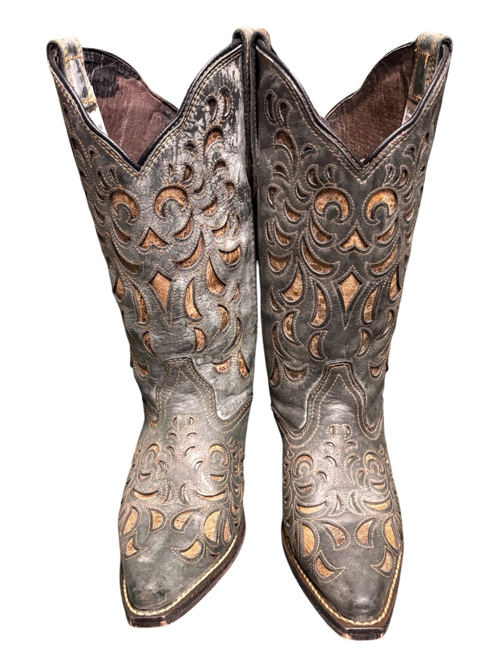 Laredo Rockin Country Distressed Cutout Leather Cowboy Boots in Grey Tones